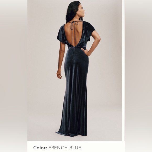 Jenny Yoo Ellis Flutter Sleeve Velvet Dress | French Blue | Size 4 - Picture 2 of 4